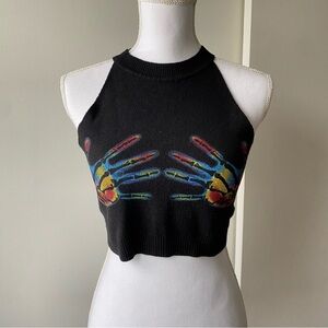 Handprint Shirt Size Medium Halter Style Black Knit Rainbiw Hands Tank Crop